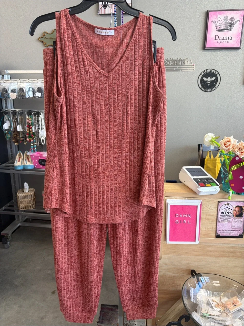 Women's Ribbed Cold-Shoulder Pantsuit in Rust - Picture 1 of 5